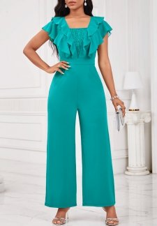 Lace Turquoise Square Neck Short Sleeve Jumpsuit