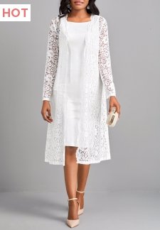 Lace Two Piece Suit Square Neck White Dress