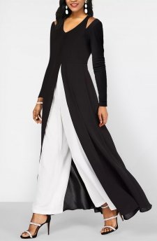 Contrast Black Long Sleeve V Neck Jumpsuit