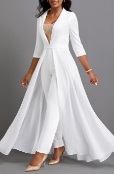 Sequin Ankle Length Lapel Regular White Jumpsuit