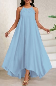 Lace Dusty Blue Maxi A Line Sleeveless Dress