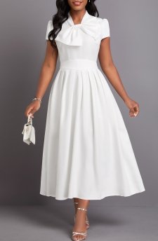 Bowknot White Short Sleeve Stand Collar Dress