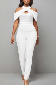 White Cold Shoulder Short Sleeve Jumpsuit