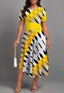 Argyle Print Patchwork Multi Color Short Sleeve Dress