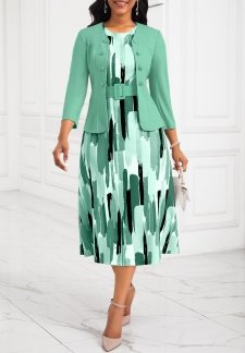Two Piece Belted Mint Green Round Neck Dress and Cardigan