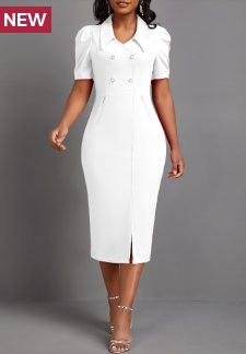 Button White Short Sleeve Bodycon Dress