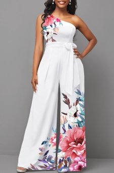 Floral Print Tie Belted White Long One Shoulder Jumpsuit