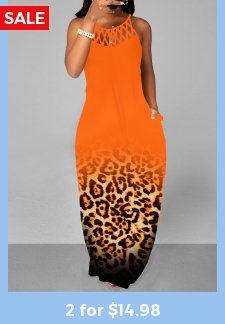 Leopard Cage Neck Orange A Line Maxi Dress