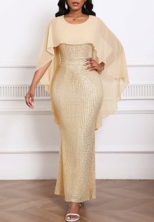 Sequin Beige Three Quarter Length Sleeve Dress