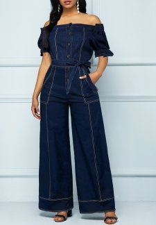 Button Belted Navy Long Off Shoulder Jumpsuit