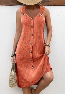 Breathable Orange A Line Sleeveless V Neck Dress