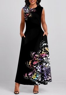 Butterfly Print Pocket Black Maxi Sleeveless Shift Dress