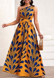 Feathers Print Asymmetry Orange Sleeveless One Shoulder Maxi Dress