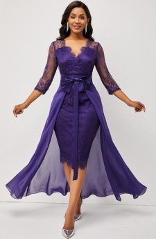 3/4 Sleeve Purple Multiway Lace Patchwork Dress