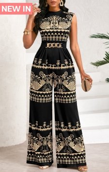 Tribal Print Patchwork Black Long Stand Collar Sleeveless Jumpsuit