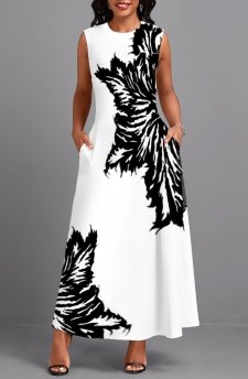 Leaf Print Pocket White Sleeveless Round Neck Maxi Dress