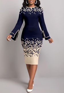 Geometric Print Contrast Binding Navy Long Sleeve Dress