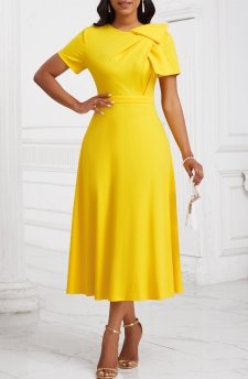 Zipper Yellow Short Sleeve Asymmetrical Neck Dress