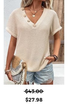 Button Beige Short Sleeve V Neck T Shirt