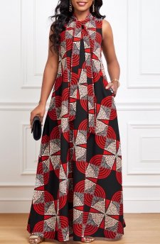 Geometric Print Ribbon Red A Line Sleeveless Dress