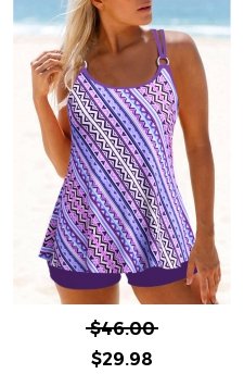 Geometric Print Metal Ring Purple Tankini Top