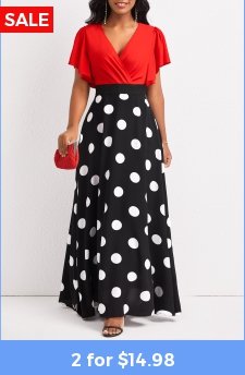 Polka Dot Patchwork Black V Neck Maxi Dress