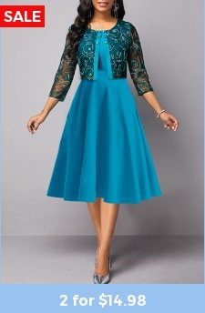 Round Neck Lace Peacock Blue Dress