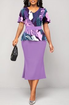 Patchwork Violet Short Sleeve Bodycon Dress