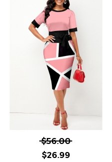 Tie Front Geometric Print Pink Short Sleeve Dress