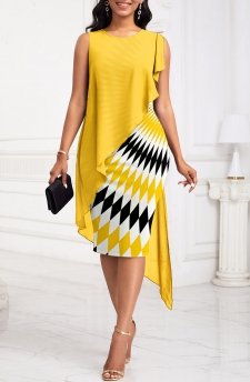 Wave Pattern Print Patchwork Yellow Sleeveless Bodycon Dress