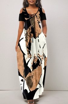 Graffiti Print Breathable Light Camel Maxi O Shape Dress