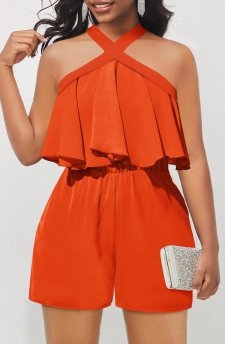 Ruffle Sleeveless Orange Short Cross Collar Romper