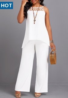 Sleeveless Cage Neck White Long Top and Pants