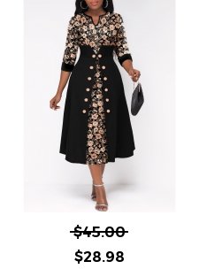 Random Floral Print Button Black Split Neck Dress