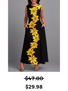 Floral Print Double Side Pockets Black Sleeveless Maxi Dress