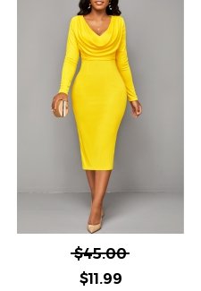 V Neck Split Yellow Long Sleeve Bodycon Dress