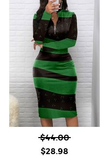 Geometric Print Zipper Green Long Sleeve Bodycon Dress