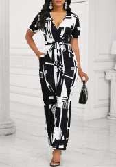 Geometric Print Pocket Belted Black Ankle Length Jumpsuit