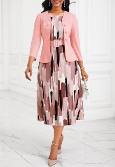 Two Piece Belted Pink Round Neck Dress and Cardigan