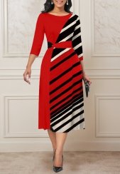 Striped Patchwork Black Three Quarter Length Sleeve Dress