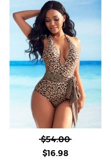 Belted Leopard Print Halter One Piece Swimwear