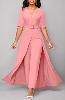 Belted Pink Short Sleeve V Neck Jumpsuit