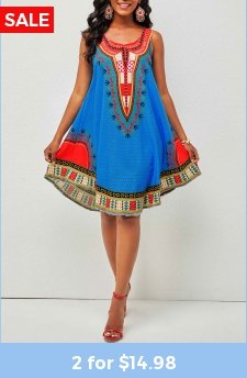 Wide Strap Tribal Print Round Neck Dress