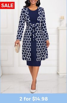 Geometric Print Two Piece Navy Round Neck Dress and Cardigan