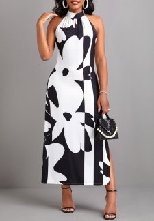 Floral Print Split Black A Line Maxi Dress