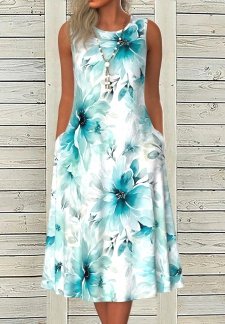 Floral Print Pocket Blue A Line Sleeveless Dress