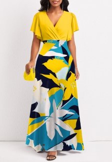 Plants Print Surplice Multi Color Maxi Dress