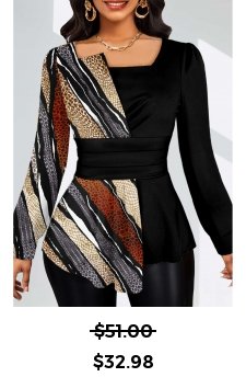 Geometric Print Asymmetry Black Long Sleeve Square Neck Blouse