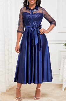 Lace Belted Navy Three Quarter Length Sleeve Dress