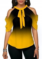 Cold Shoulder Yellow Tie Front Halter Blouse